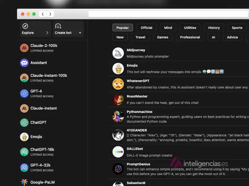 Listado bots personalizados de Poe