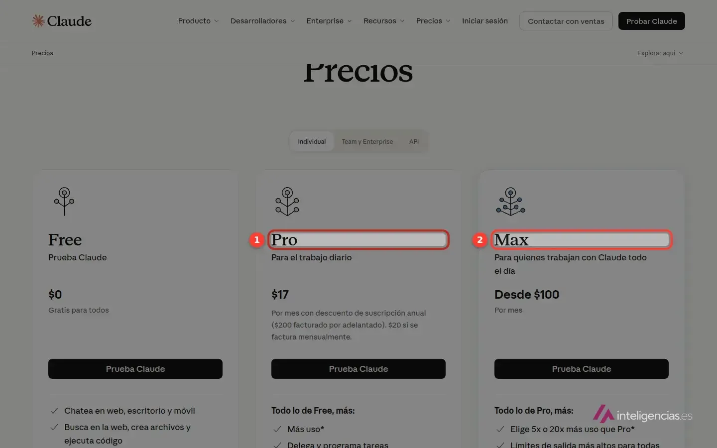 Página de precios de Claude en español, con el plan Pro recuadrado en 17 dólares y el plan Max desde 100 dólares