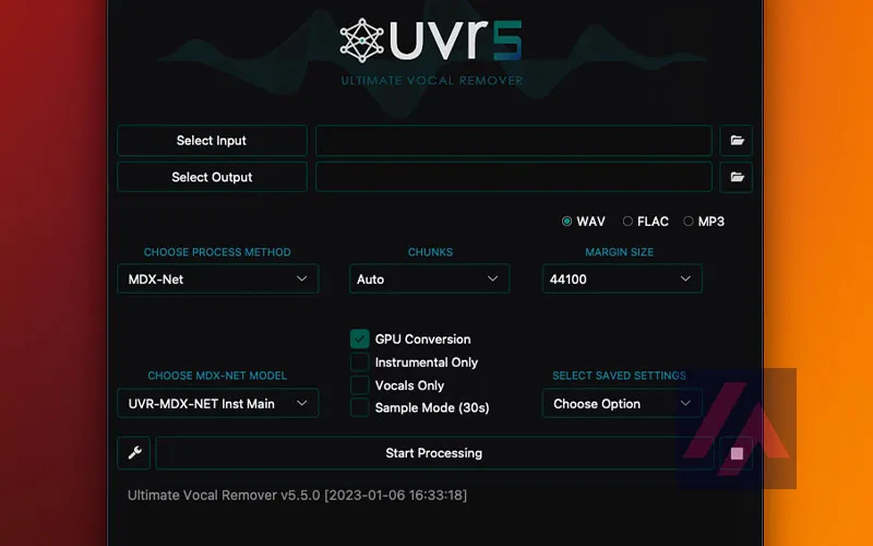 Ventana de configuración de Ultimate Vocal Remover 5 con el método MDX-Net, la salida en WAV y las casillas de solo instrumental o solo voces antes de pulsar Start Processing