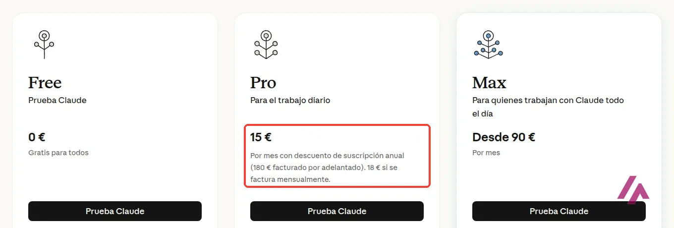 Planes de Claude en España: Free 0 €, Pro 15 € al mes pagando el año o 18 € mes a mes, recuadrado, y Max desde 90 €