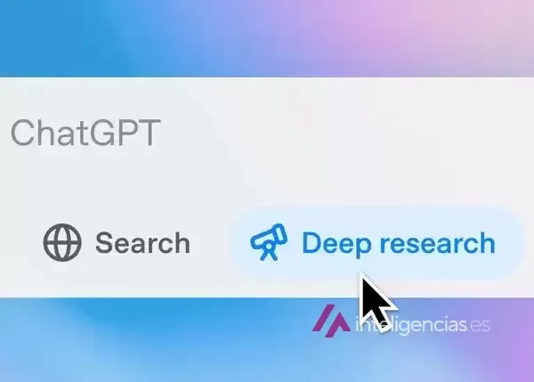 Caja de mensaje de ChatGPT con el botón Deep research seleccionado y el cursor encima, junto al botón Search