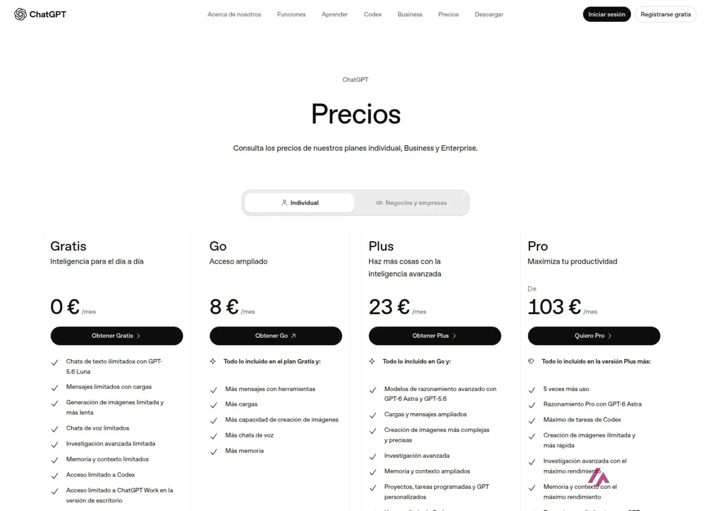 Planes y precios de ChatGPT para España: Gratis 0 euros, Go 8 euros, Plus 23 euros y Pro desde 103 euros al mes