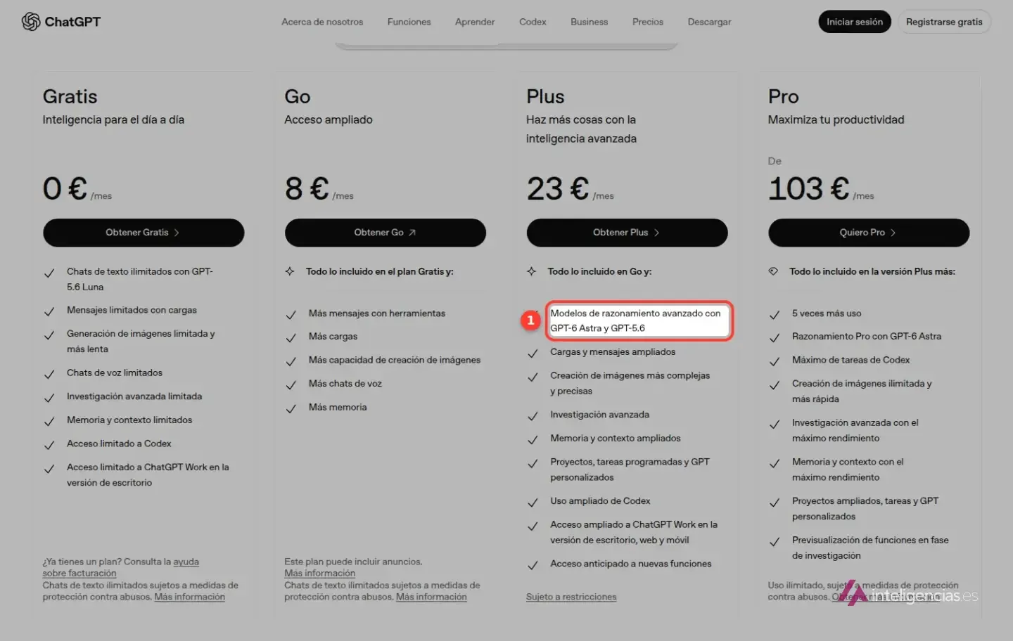 Ficha del plan Plus de ChatGPT con la linea Modelos de razonamiento avanzado con GPT-6 Astra y GPT-5.6 recuadrada