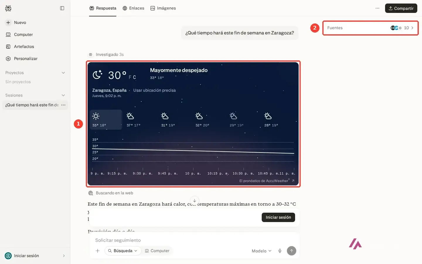 Respuesta de Perplexity sobre el tiempo del fin de semana en Zaragoza, con el widget del pronóstico recuadrado y el panel de fuentes señalado