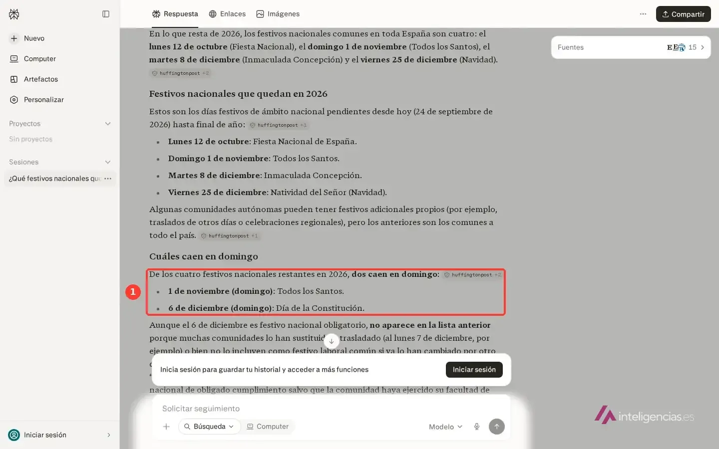 Respuesta de Perplexity sobre los festivos nacionales que quedan en España, con el párrafo que dice que dos de los cuatro caen en domingo recuadrado