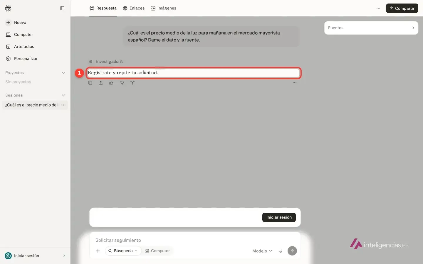 Perplexity sin cuenta respondiendo Regístrate y repite tu solicitud a una pregunta sobre el precio de la luz de mañana