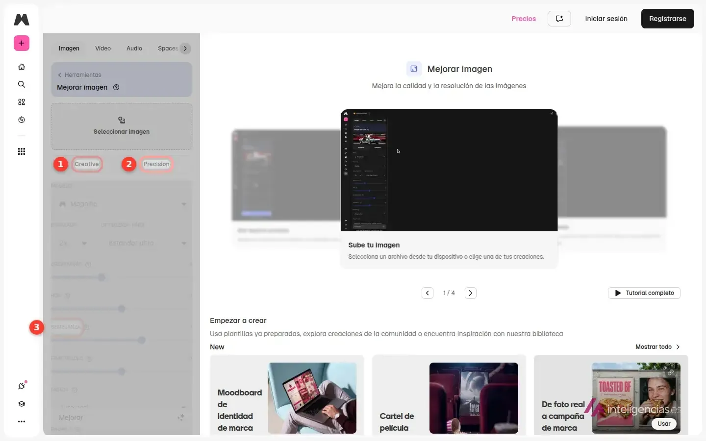 Panel del escalador de imágenes de Magnific abierto sin cuenta, con los modos Creative y Precision y el control de semejanza numerados