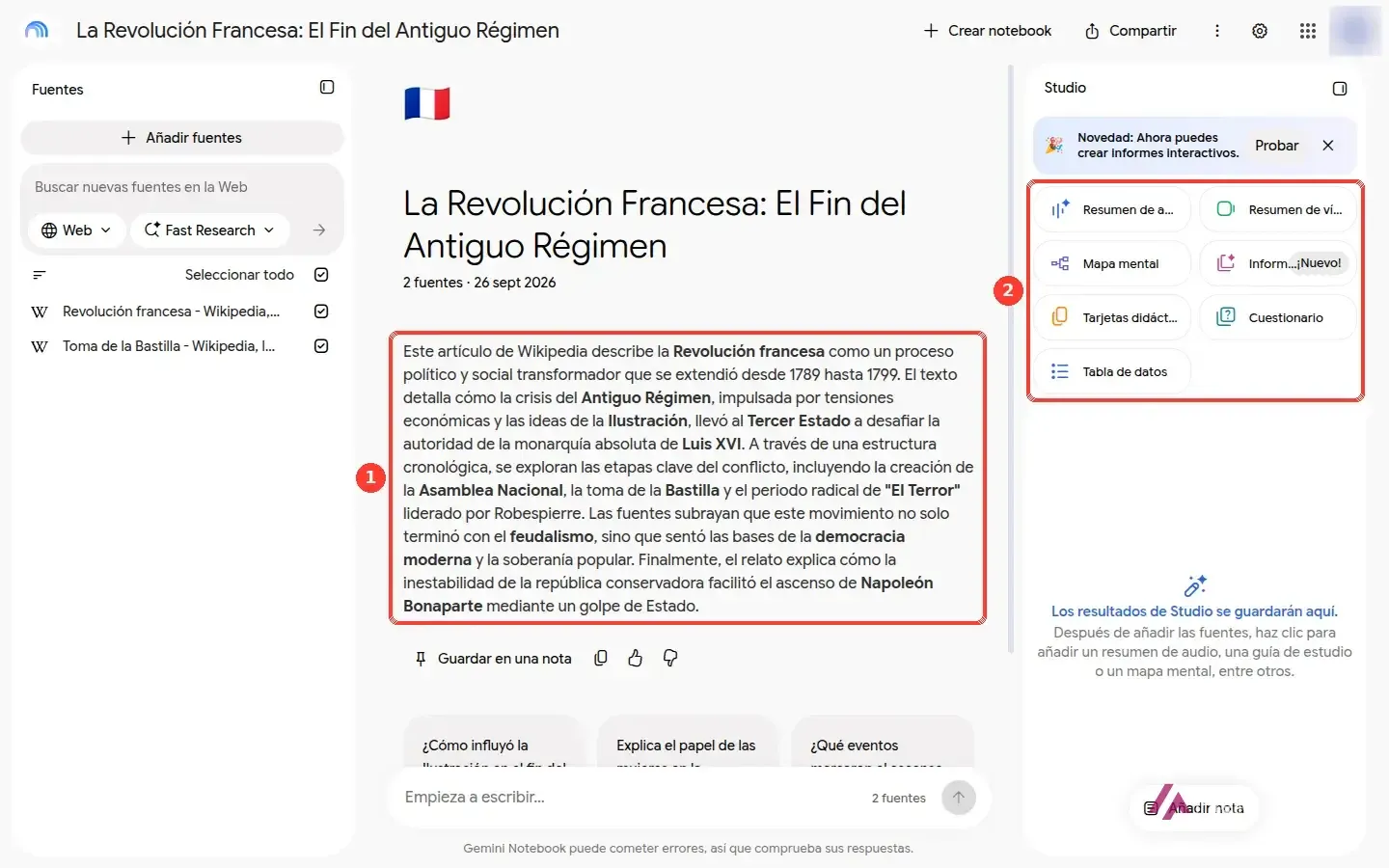 Cuaderno de Gemini Notebook con dos artículos de Wikipedia como fuentes, el resumen automático recuadrado en el centro y el panel Studio recuadrado a la derecha