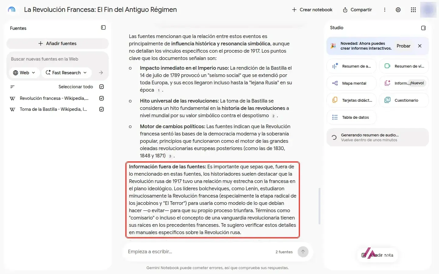 Respuesta de Gemini Notebook con el bloque Información fuera de las fuentes recuadrado, sin números de cita