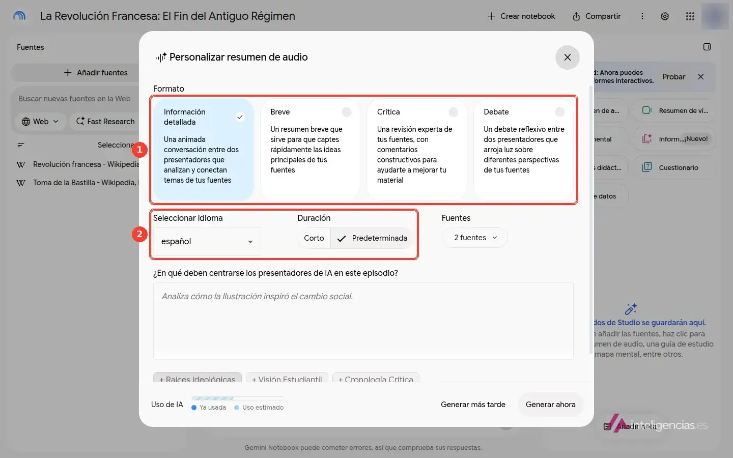 Diálogo Personalizar resumen de audio de Gemini Notebook con los cuatro formatos recuadrados y, debajo, el idioma y la duración
