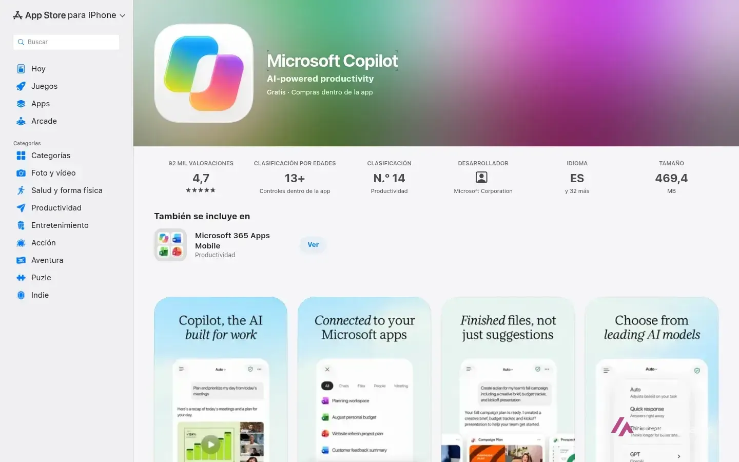 Ficha de la app Microsoft Copilot en el App Store español, gratis y con compras dentro de la app