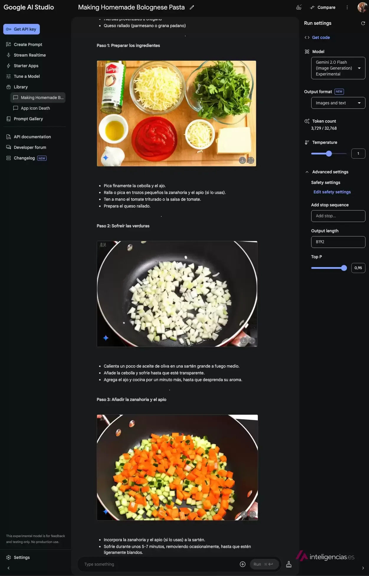 Google AI Studio con Gemini 2.0 Flash generando una guía visual de macarrones a la boloñesa: los ingredientes, el sofrito de cebolla y la zanahoria con apio