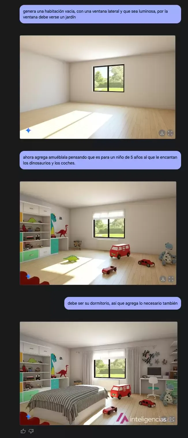 Conversación con Gemini generando una habitación vacía y amueblándola paso a paso para un niño de cinco años, manteniendo la misma escena en las tres imágenes