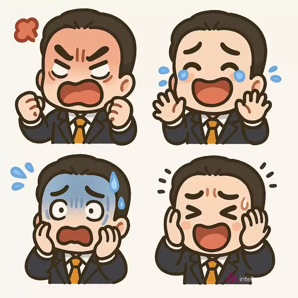 Set de cuatro stickers estilo chibi generados por ChatGPT a partir de una foto: el mismo personaje con traje, enfadado, riendo, agobiado y avergonzado