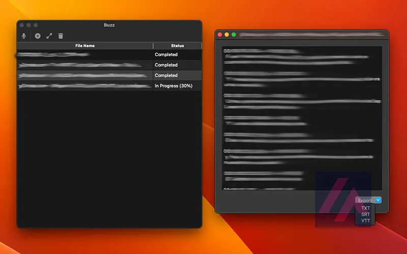 Interfaz de Buzz: la lista de archivos con su estado de transcripción y la ventana del texto resultante con la exportación a TXT, SRT o VTT