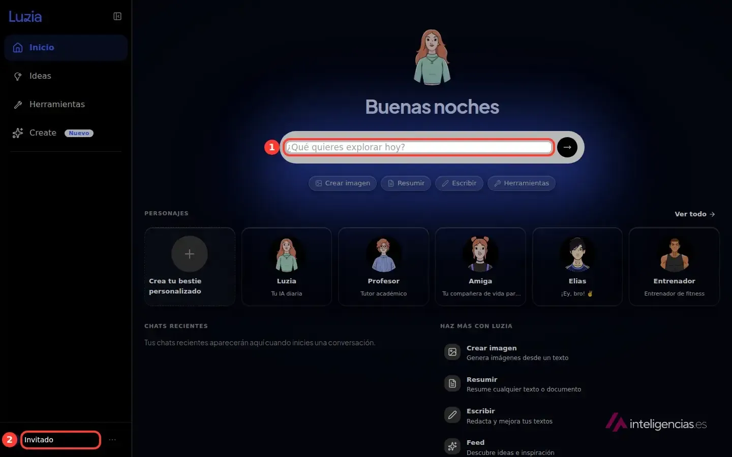Chat web de Luzia abierto como invitado, con la caja de texto y el usuario «Invitado» señalados