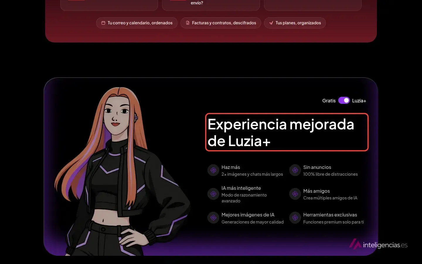 Bloque de la web de Luzia que compara la versión gratis con Luzia+, con el título «Experiencia mejorada de Luzia+» recuadrado