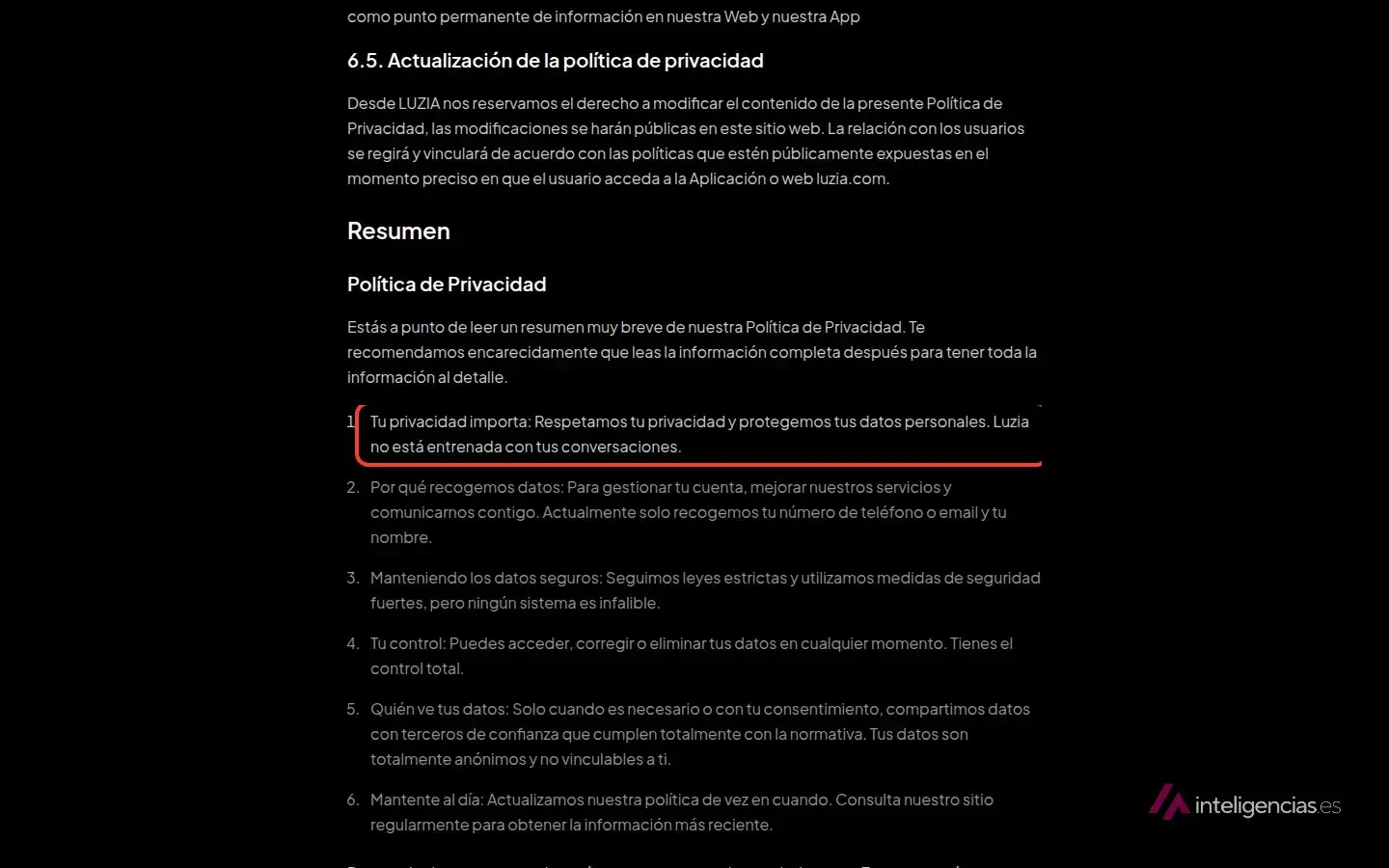 Resumen de la política de privacidad de Luzia con la frase «Luzia no está entrenada con tus conversaciones» recuadrada