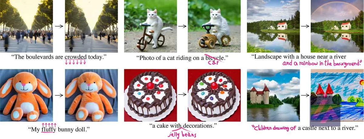 Seis pares de imágenes antes y después: al cambiar una palabra del texto (bicicleta por coche, añadir un arcoíris) la imagen se modifica sin rehacerse entera