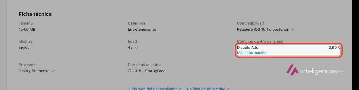 Ficha de Star by Face en la App Store de España con la compra Disable Ads de 0,99 euros recuadrada