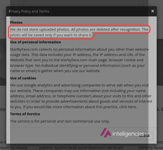 Política de privacidad de Star by Face con la cláusula sobre las fotos subidas recuadrada