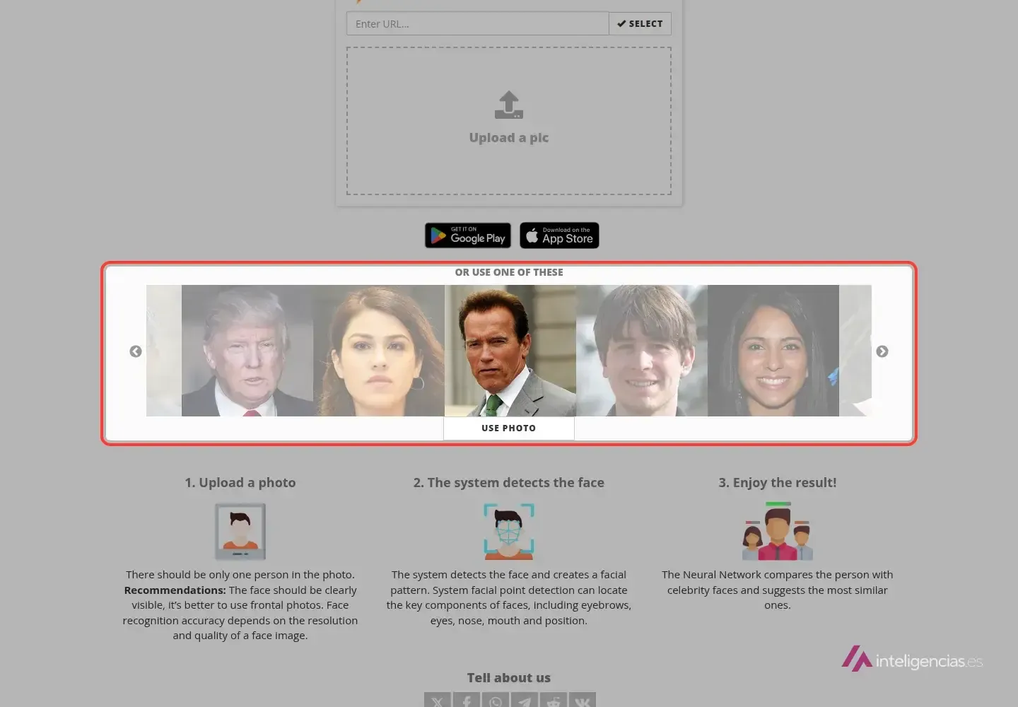 Portada de Star by Face con el recuadro para subir una foto, el campo para pegar una URL y el carrusel de fotos de muestra recuadrado