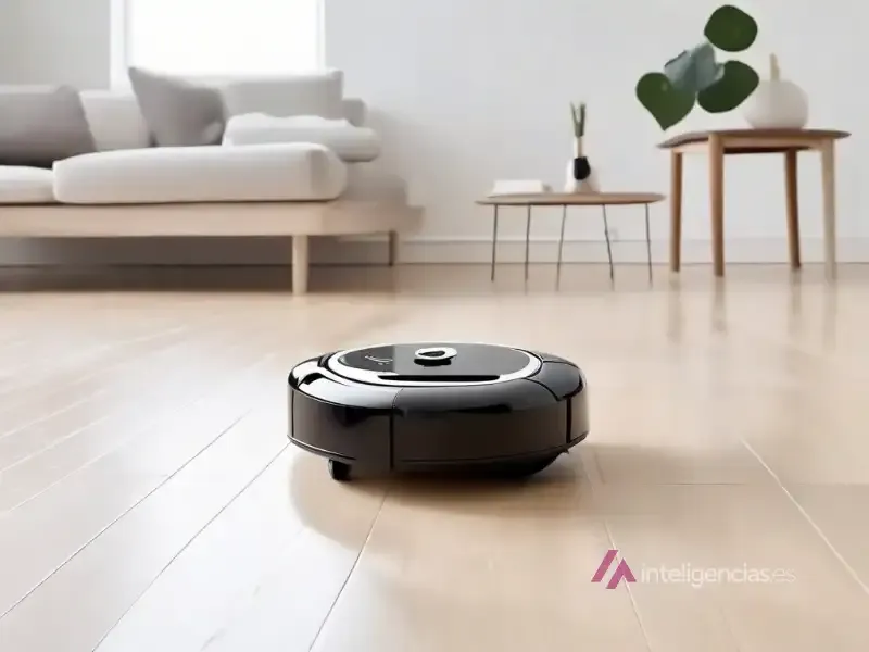 Robot limpiador negro en un suelo de madera
